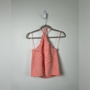 525 America + Anthropologie Pink Crochet Halter Top